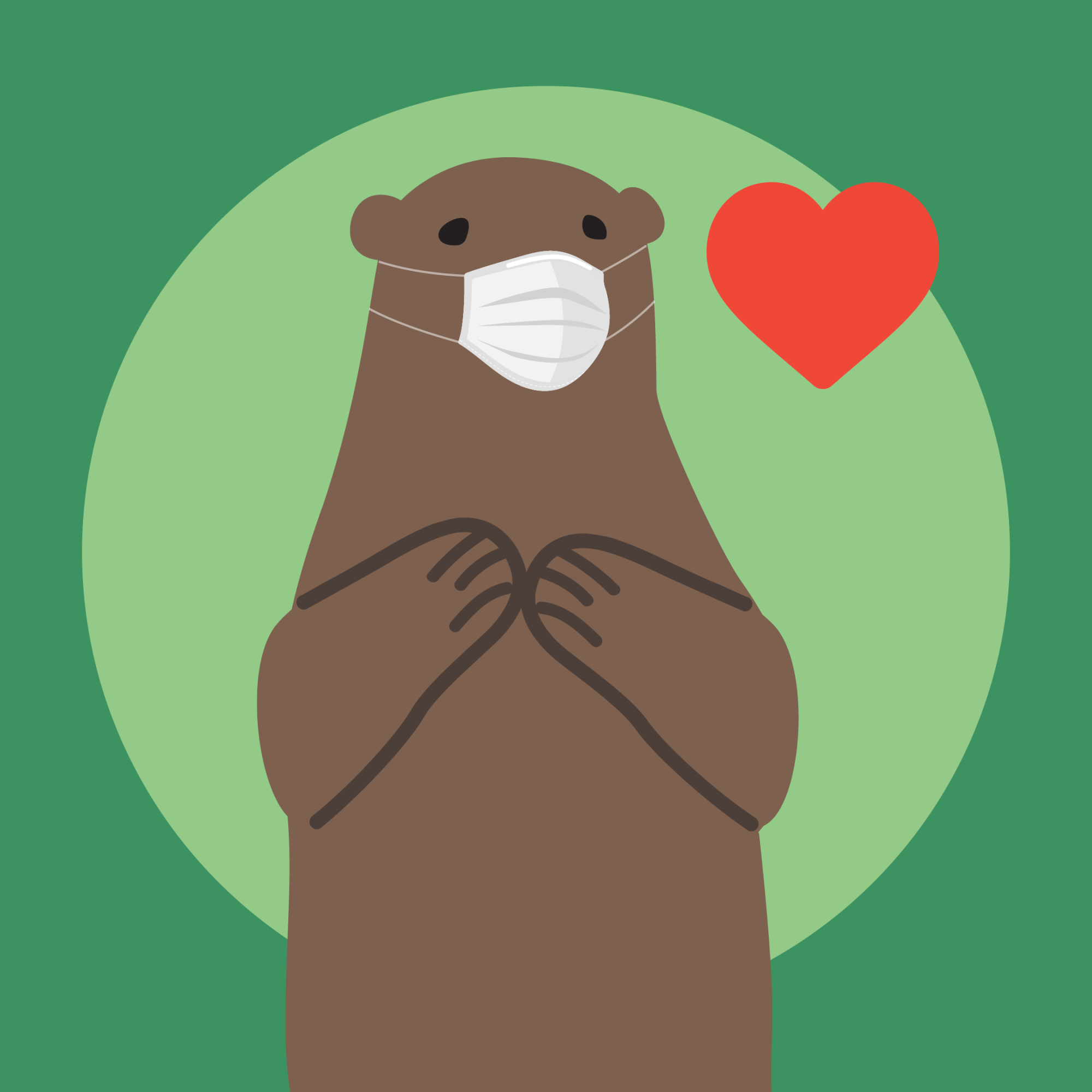 Cartoon brown bear wearing a face mask, with a heart above it