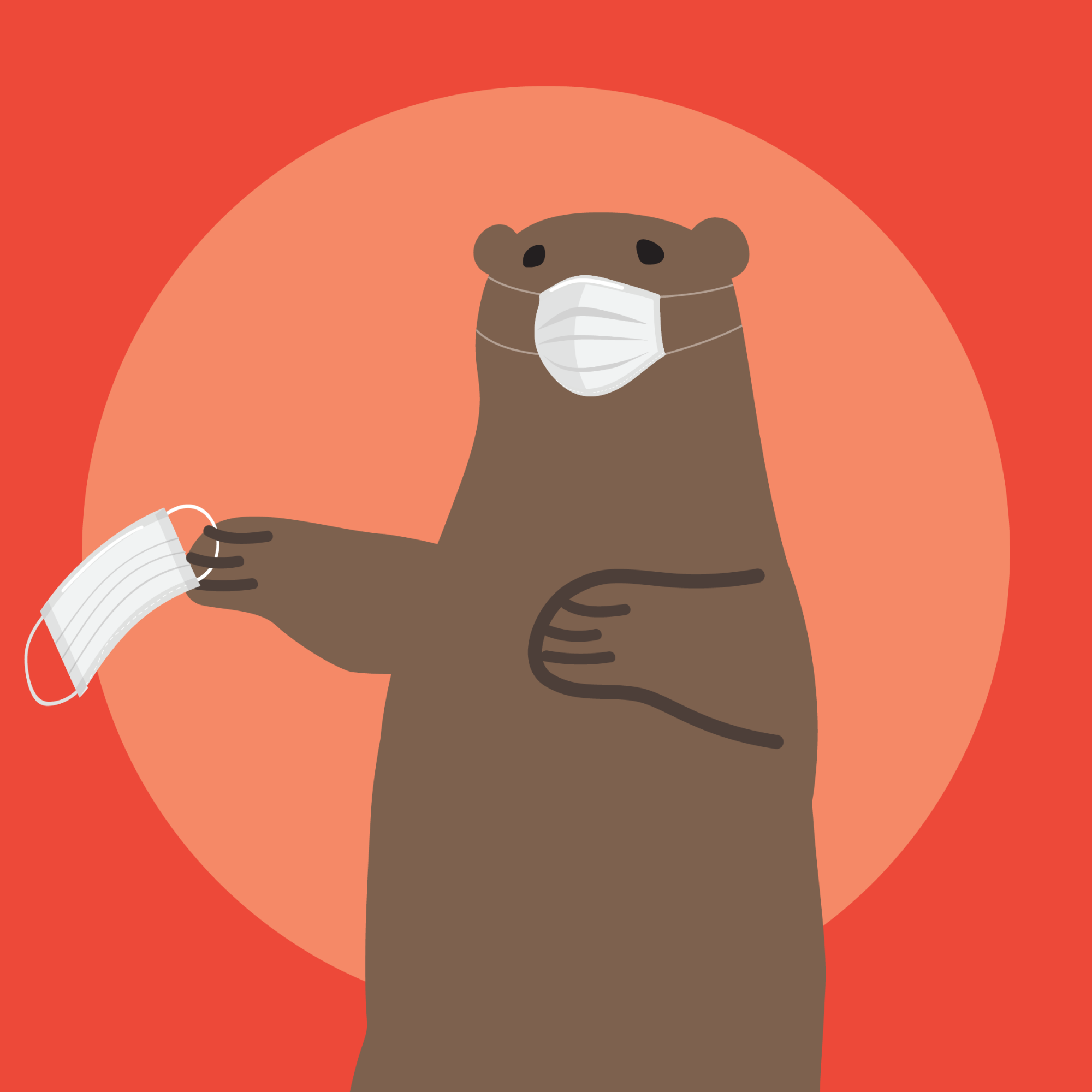 Cartoon brown bear holding a face mask